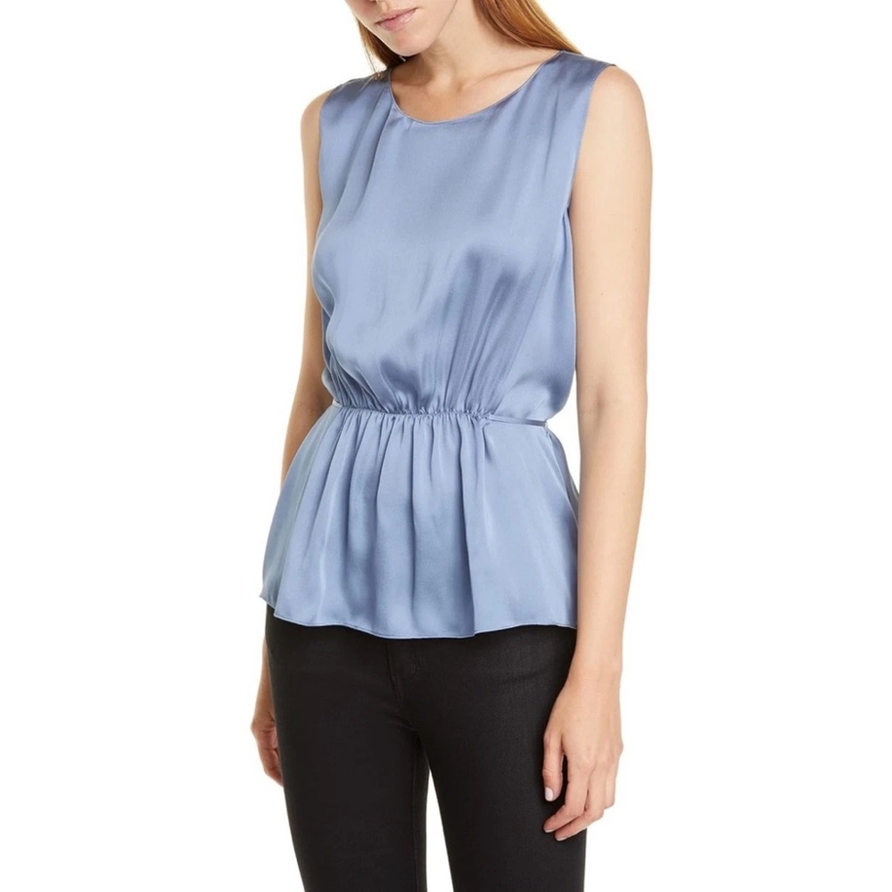 $295 Theory 100% Silk Sleeveless Shirred Tank  Chambray Blue Tie Elastic Waist S
